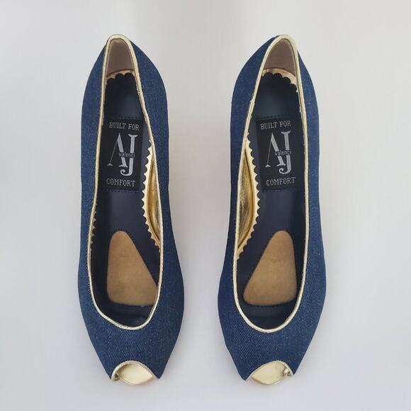 Aj Valenci Open Toe Comfort Blue Denim Wide Wedge Shoes - Picture 4 of 9